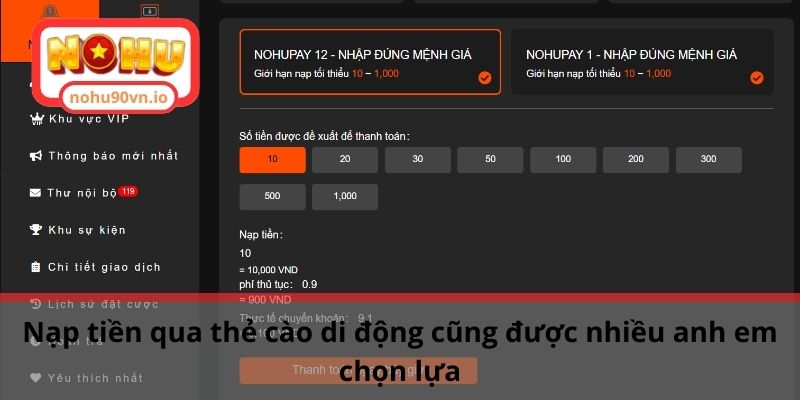 Nạp tiền qua thẻ cào di động cũng được nhiều anh em chọn lựa